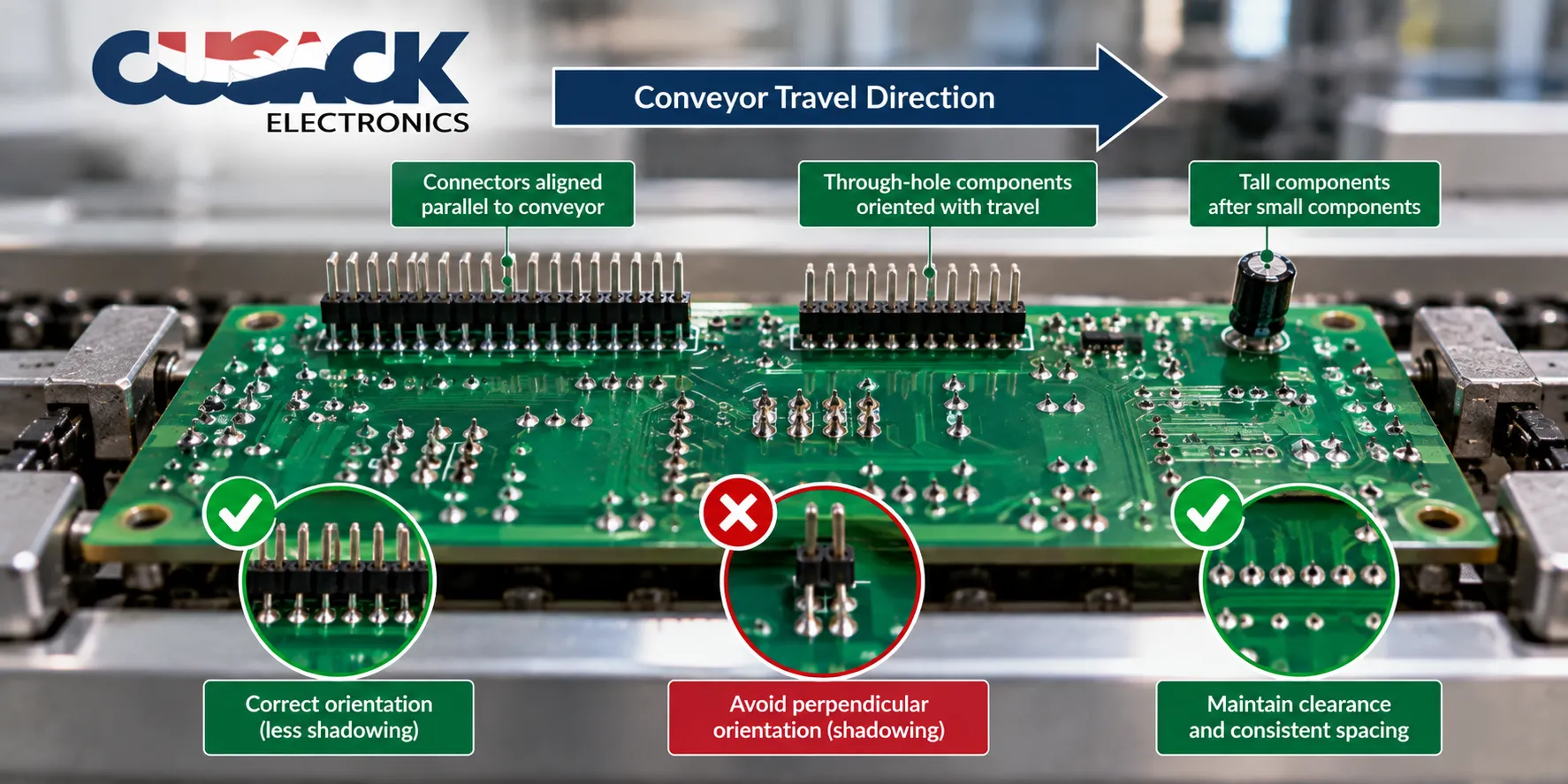 PCB layout showing component orientation relative to conveyor travel direction for wave soldering