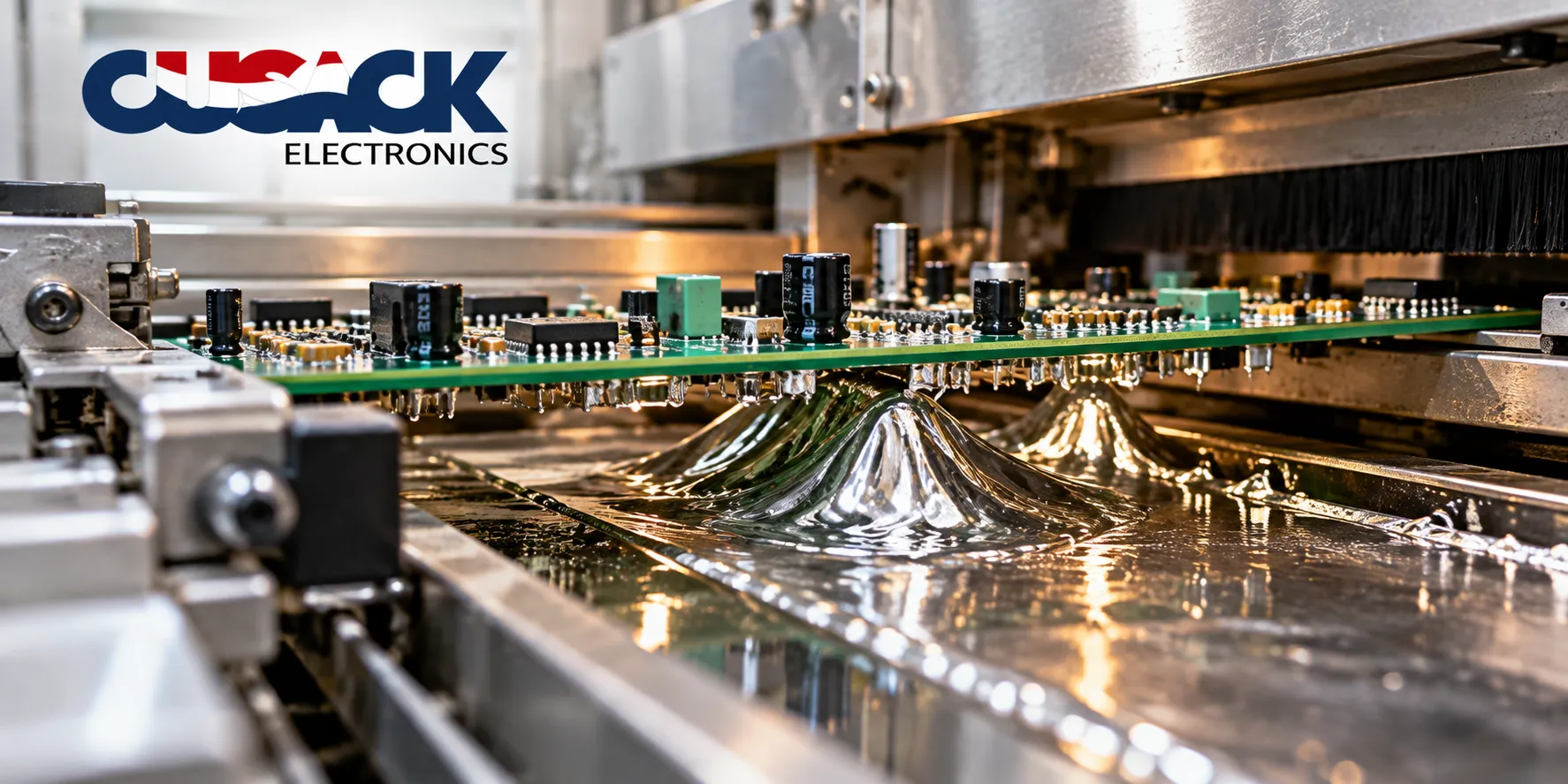 A printed circuit board passing over a standing wave of molten solder during PCB soldering