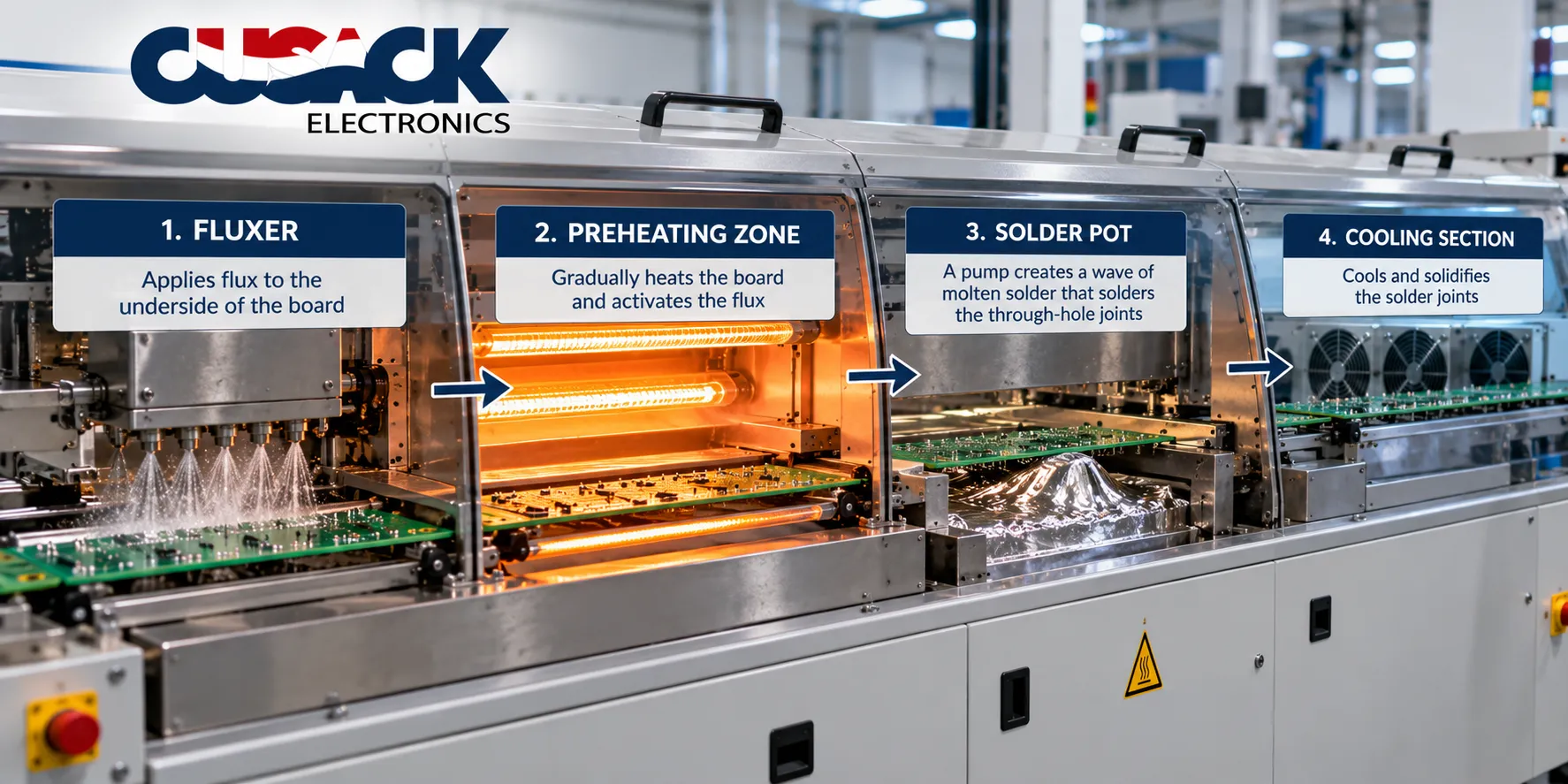 Fluxer, preheating zone, solder pot and cooling stages along a wave soldering machine conveyor