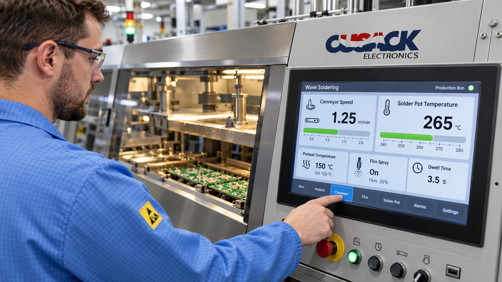 Control panel showing conveyor speed and solder pot temperature settings for PCB soldering